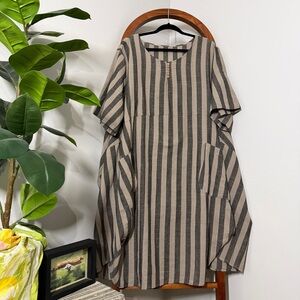 Minibee 3XL Tan Black Striped Oversized Lantern Lagenlook Linen Cotton Dress